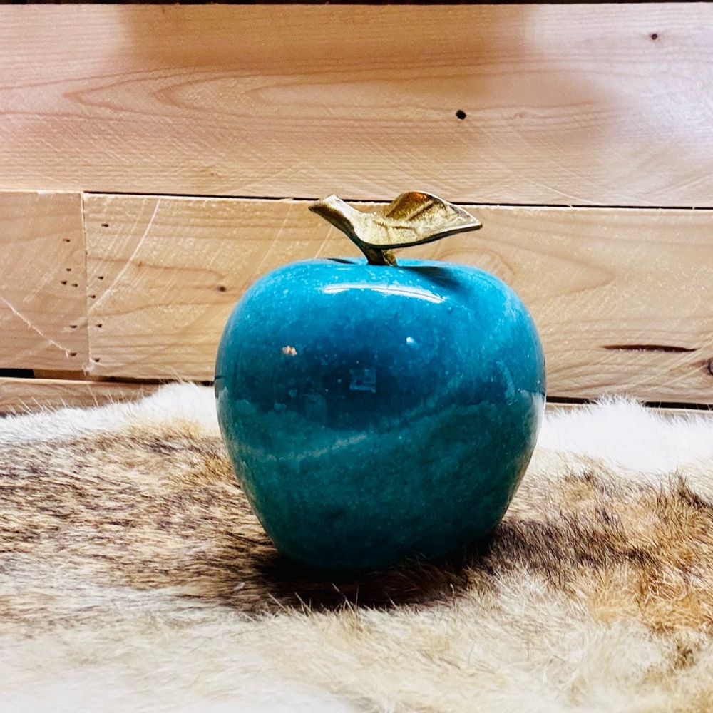 Teal Apple stone with brass Gold Leaf paperweight or decor